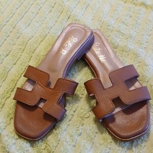 Panta Rei Sz 38 (7.5 - 8) Leather H Strap Sandles In Cognac. Made in Greece